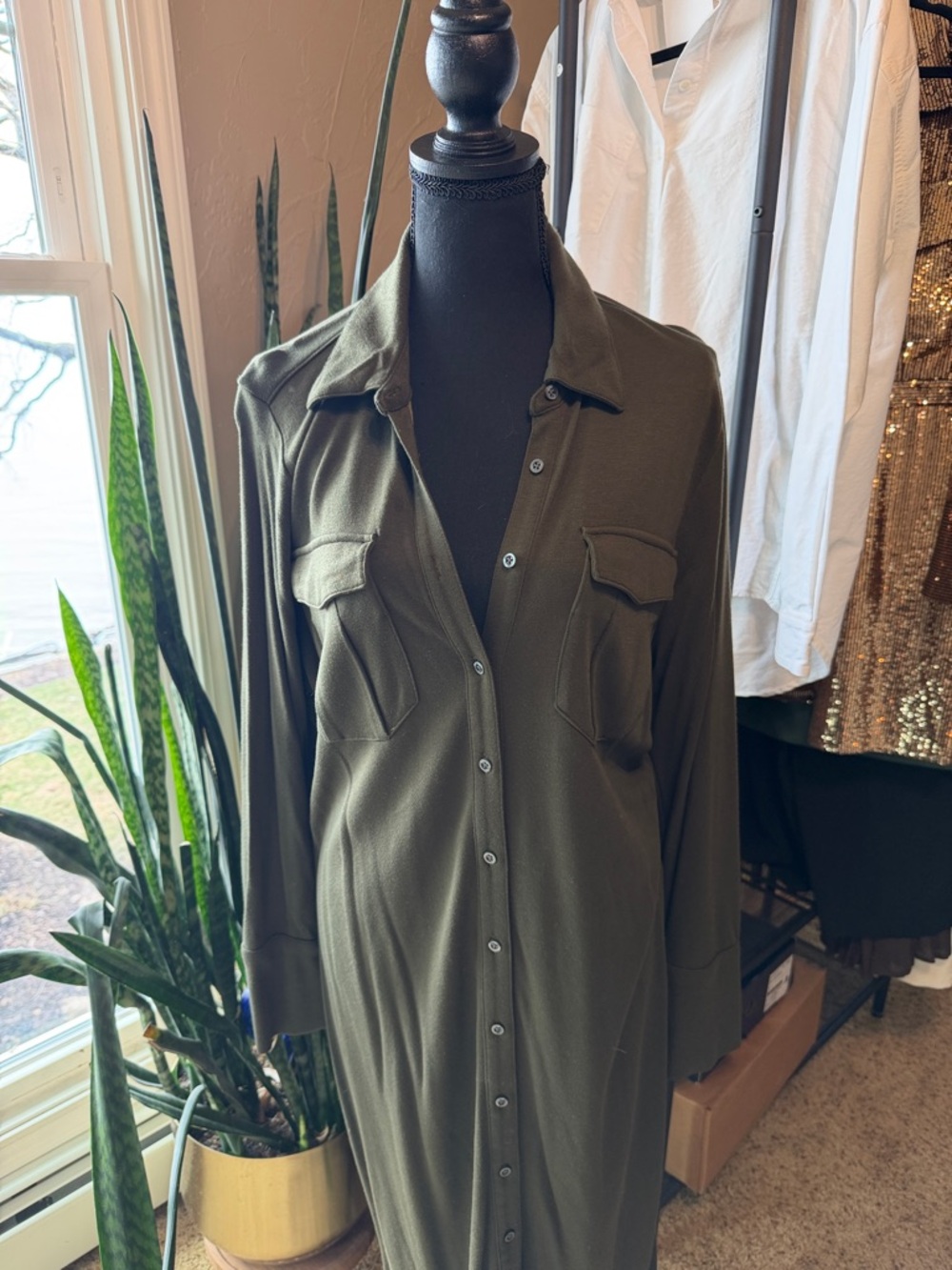 Banana Republic Olive Green Button-Front Shirt Dress